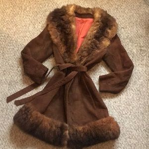 Vintage Brown Leather Peacoat with Furry Trim